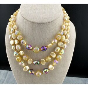 Vintage Western Germany Beaded Necklace AB Yellow Purple Oil Slick Peacock 15"